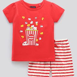 Pine Kids Bio Washed Half Sleeves T Shirt and Shorts Set Popcorn Print - Red-image-56