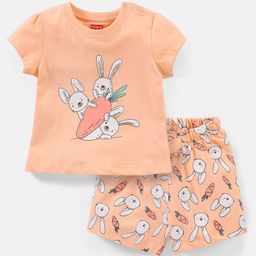 Babyhug Cotton Half Sleeves Night Suit Bunny Print- Peach-image-10