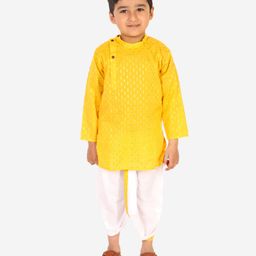 Superminis Full Sleeves Self Design Kurta & Dhoti Set - Yellow & White-image-32