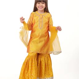 Babyhug Three Fourth Sleeves Embroidered Kurti Sharara and Dupatta Set - Mustard-image-43