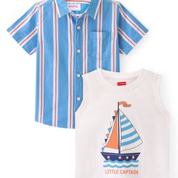 Babyhug 100% Cotton Woven Half Sleeve Shirt with Inner T -Shirt Striped & Boat Print - Blue & White-image-14