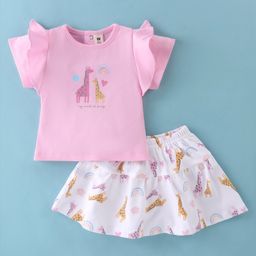 ToffyHouse Cotton Knit Half Sleeves Frill Detailed Top & Skirt Set With Giraffe Print - Blush-picture-23
