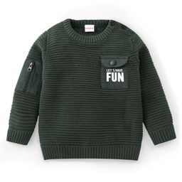 Babyhug Knitted Full Sleeves Pullover Sweater with Pocket Detailing & Text Print - Olive Green-image-74