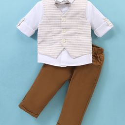 Little Kangaroos 100% Cotton Full Sleeves Striped 3 Pieces Party Suit - Beige-image-81