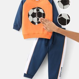 Babyhug Cotton Knit Full Sleeves T-Shirt & Lounge Pants Set With Reversible Sequin Football Print - Multicolor-image-109