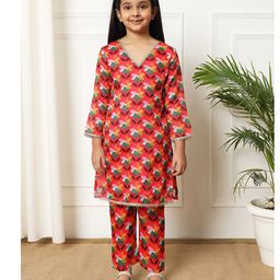 READIPRINT Three Fourth Sleeves Lace Embellished & Floral Printed Coordinating Kurta With Pant - Red-picture-0