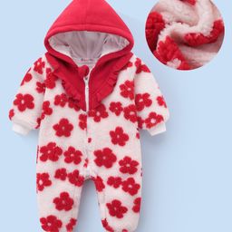 Kookie Kids Full Sleeves Hooded Winter Wear Romper with Floral Design & Frill Detailing - Red-picture-17
