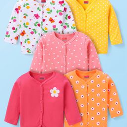 Babyhug 100% Cotton Knit Antibacterial Full Sleeves Front Open Vests with Floral Heart & Polka Dots Print Pack of 5 - Dark Pink Yellow & White-image-25