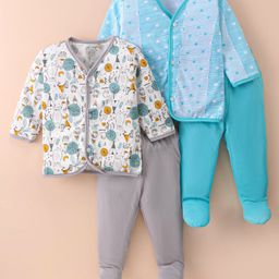 OHMS Single Jersey Full Sleeves Front Open Night Suits with Animal & Heart Print Pack of 2 - Grey & Blue-image-65