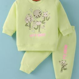 Zero Female Fleece Knit Full Sleeves Winter Wear T- Shirt & Lounge Pant Set Text & Animal Print - Light Green-image-58