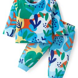 Babyhug Cotton Knit Full Sleeves Co-Ord Night Suit with Leaves Print - Light Blue-image-78