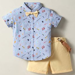 ToffyHouse Poplin Woven Half Sleeves Vehicle Printed Shirt & Shorts Set with Bow & Suspender - Light Blue & Beige-image-84