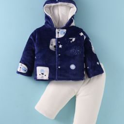 Mom's pet Fur Full Sleeves Teddy Bear Printed Hooded Jacket & Pant - Blue-image-51