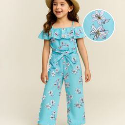 Mark & Mia Cotton Cold Shoulder Jumpsuit with Floral Print - Light Blue-image-48