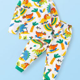 Babyhug Cotton Knit Full Sleeves Night Suit with Dino Print - White-image-98