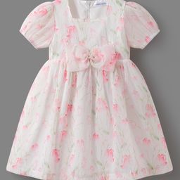 Mark & Mia Half Puffed Sleeves Party Frock with Bow Applique & Floral Print - Pink-image-27
