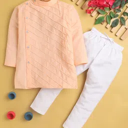 Jeet Ethnics Cotton Full Sleeves Check Embroidered Kurta Pyjama Set - Peach-picture-35