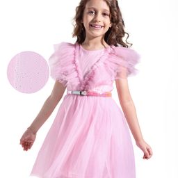 Hola Bonita Knit Frill Sleeves Mesh Fabric Shimmered Dress - Pink-image-84