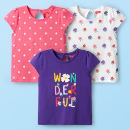 Babyhug Cotton Knit Half Sleeves T-Shirts With Tropical Print Pack Of 3 -Purple & Pink-image-68