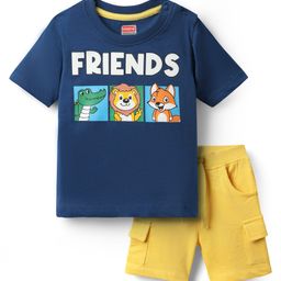 Babyhug Single Jersey Knit Half Sleeves T-Shirt & Shorts Set With Animal Print - Blue & Yellow-image-41