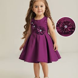 Babyhug Woven Sleeveless Pleated Party Dress With Floral Corsage - Wine-image-93