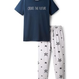 Pine Kids Single Jersey Knit Half Sleeves Night Wear With Text & Star Print - Navy Blue & Grey-image-94