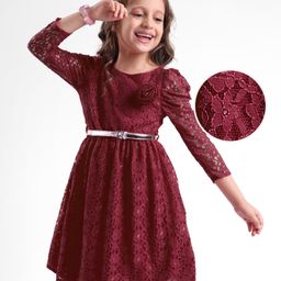 Hola Bonita Woven Full Sleeves Frock With Floral Applique & Belt - Maroon-picture-26