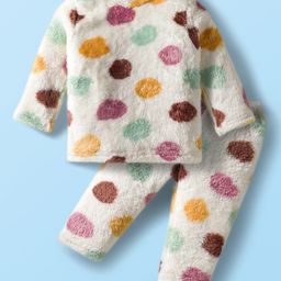 Babyhug Fur Knit Full Sleeves Winter Wear T-Shirt & Lounge Pant Set With Polka Dot Design - White-picture-18