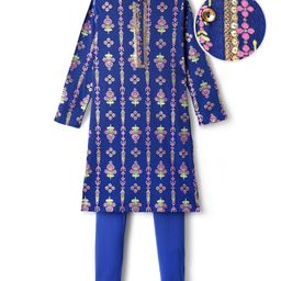 EARTHY TOUCH Single Jersey Knit Full Sleeves Kurta Pajama With Floral Print - Blue-image-39