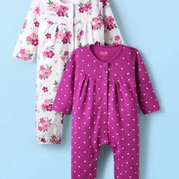 Babyhug 100% Cotton Knit Full Sleeves Rompers with Polka Dots & Floral Print Pack of 2 - Purple & White-picture-0