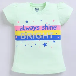 Kidcity Cotton Sinker Knit Half Sleeves Always Shine Bright Text Printed Top - Light Green-picture-9
