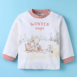 Zero Interlock Knit Full Sleeves T-Shirt & Joggers Set with Animal & Text Print -Off White & Dark Peach image 2