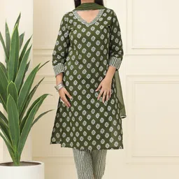 BAESD Floral Printed Gotta Patti Work Pure Cotton Straight Kurta With Trousers & Dupatta-image-95