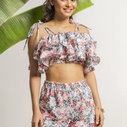 EROTISSCH White Floral Printed Shoulder Straps Ruffled Top With Shorts-picture-14
