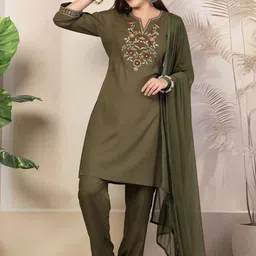 Nayam By Lakshita Floral Embroidered Notch Neck Straight Kurta with Trousers & Dupatta-picture-10