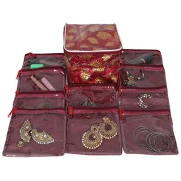 prettykrafts Maroon & Gold-toned Printed 10 Pouch Reusable Jewellery Organiser-42
