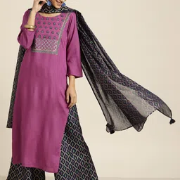Sangria Women Purple Yoke Design Sequinned Pure Cotton Kurti with Palazzos & With Dupatta-image-17