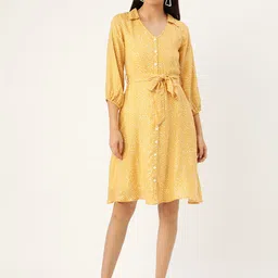 Antheaa Women Mustard Yellow & White Polka Dot Print Shirt Dress-image-81