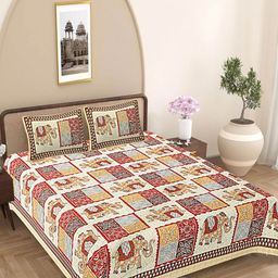 FrionKandy Living Red & Beige Ethnic Motifs 180 TC King Bedsheet with 2 Pillow Covers-image-27