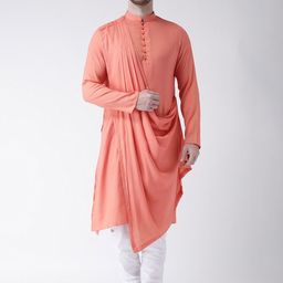 DEYANN Men Peach-Coloured Solid Asymmetric Hemline Straight Kurta-11