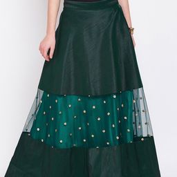 studio rasa Women Green Solid Dupion Silk Flared Maxi Skirt-61