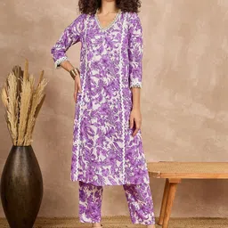 all about you Floral Printed Pure Cotton Full Sleeves V-Neck Kurta With Trousers-54