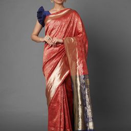 Mitera Red & Navy Blue Ethnic Motifs Zari Silk Blend Banarasi Saree-picture-39