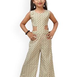 ADIVA Girls Cream-Coloured & Green Polka Dots Printed Basic Jumpsuit-image-4