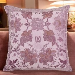 Khaabka Anvaaya Lavender & Brown Ethnic Motifs Embroidered Square Velvet Cushion Cover-image-21