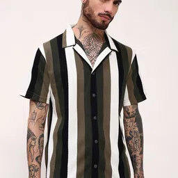 SHOWOFF Men Comfort Relaxed Fit Cuban Collar Vertical Striped Cotton Casual Shirt-image-69