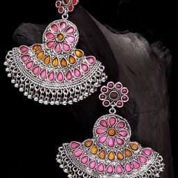 Moedbuille Silver-Plated Pink Hand Painted Meenakari Contemporary Chandbalis Earrings-image-83