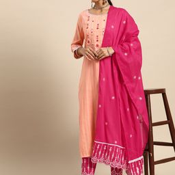 Sangria Women Peach-Coloured Embroidered Pure Cotton Kurta with Trousers & Dupatta-picture-6