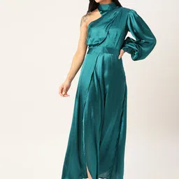 DODO & MOA Women Green Satin Finish Solid One-Shoulder Wrap Maxi Dress-picture-33