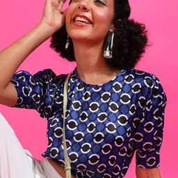 Popwings Women Geometric Print Puff Sleeve Crop Top-image-57